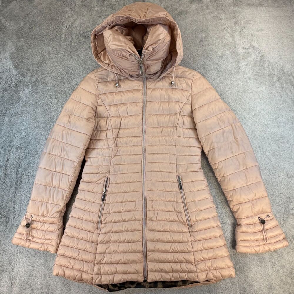 Laundry by Shelli Segal Womens Puffer Coat XS Hooded Quilted Pink Leopard Lined